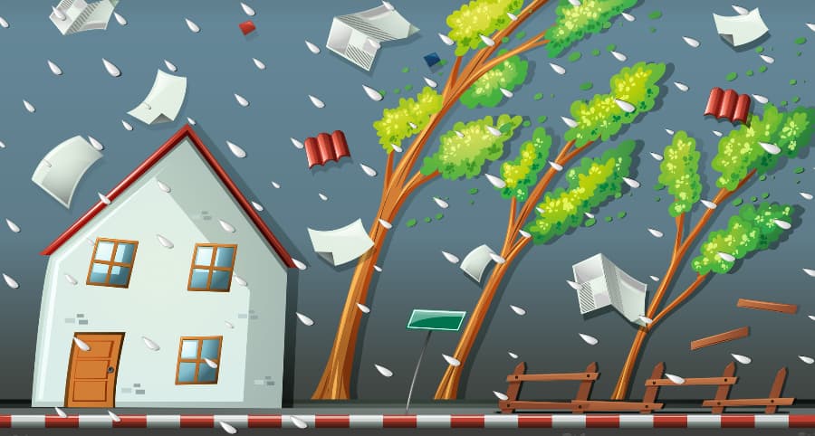 Illustration of a storm affecting a home and the immediate surroundings